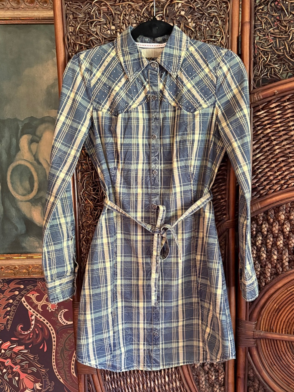 GUESS Los Angeles Studded Plaid Shirt Dress Size S Y2K Western Cowgirl